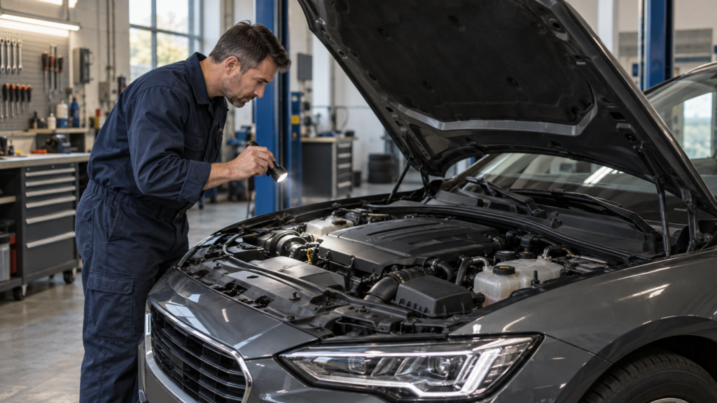 Mecánico revisando el motor de un coche usado antes de la entrega