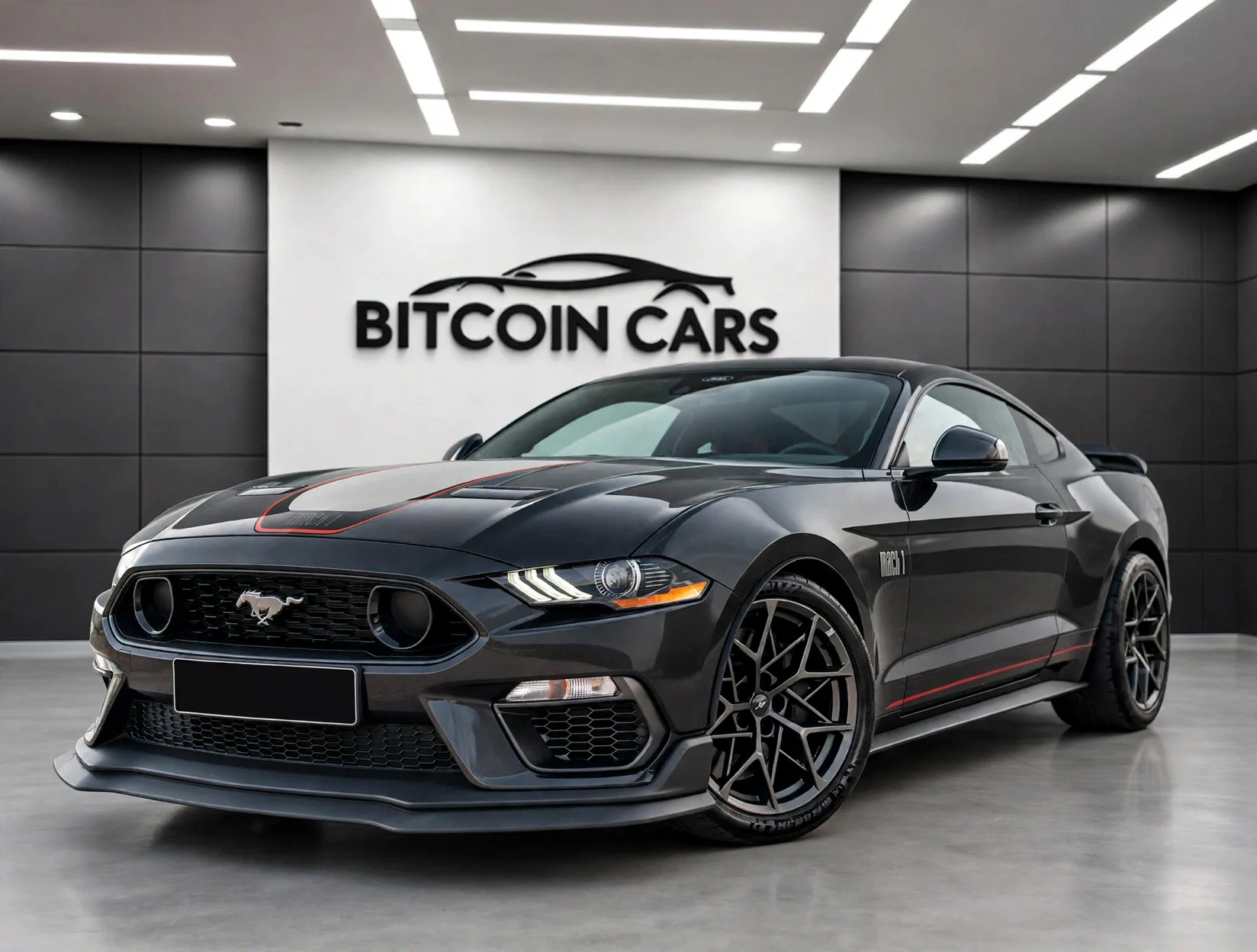 Ford Mustang Mach 1 gris, imagen proporcionada por Bitcoin Cars